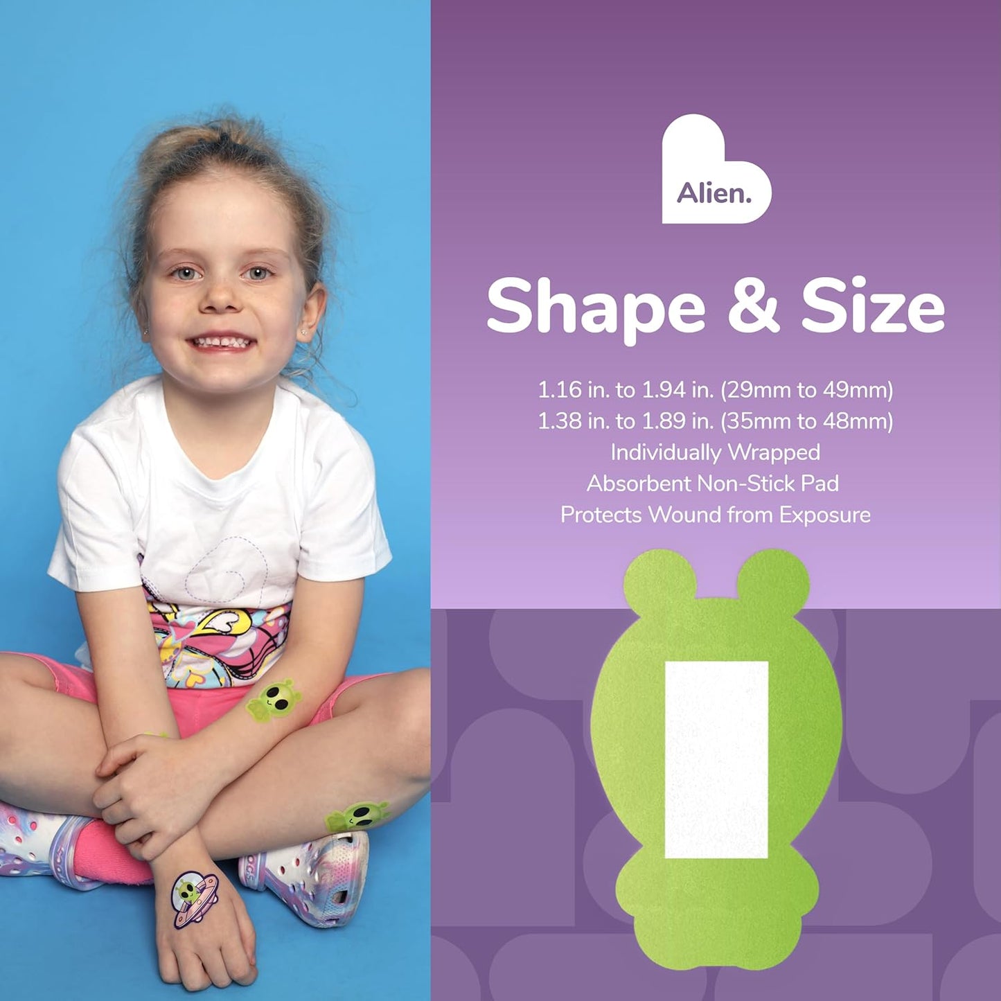 BioSwiss Bandages, Halloween Alien Shaped Self Adhesive Bandage, Latex Free Sterile Wound Care, Fun First Aid Kit Supplies for Kids, 24 Count