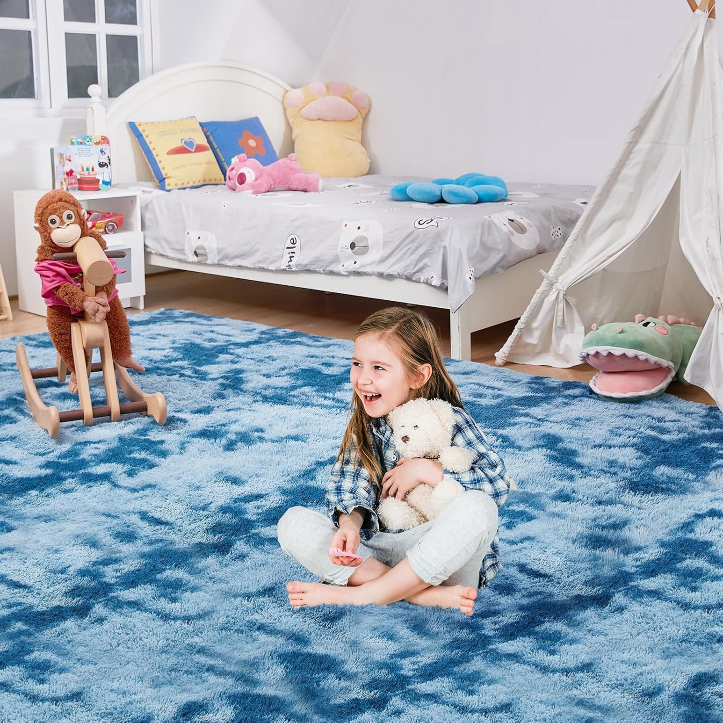 Ultra Soft Rug for Living Room, 8X10 Fluffy Shag Area Rug for Bedroom, Modern Shaggy Carpet Fuzzy Rug for Teens Dorm Nursery Home Decor Aesthetic, Upgrade Anti-Skid Durable, Tie-Dyed Blue Grey