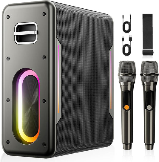 Karaoke Machine with Two Wireless Microphones, Powerful Portable Bluetooth Speaker for Adults & Kids, PA System with 2 Voice Mode, LED Lights, Supports BT/TWS/AUX/USB/TF for Party (Black+Sliver)