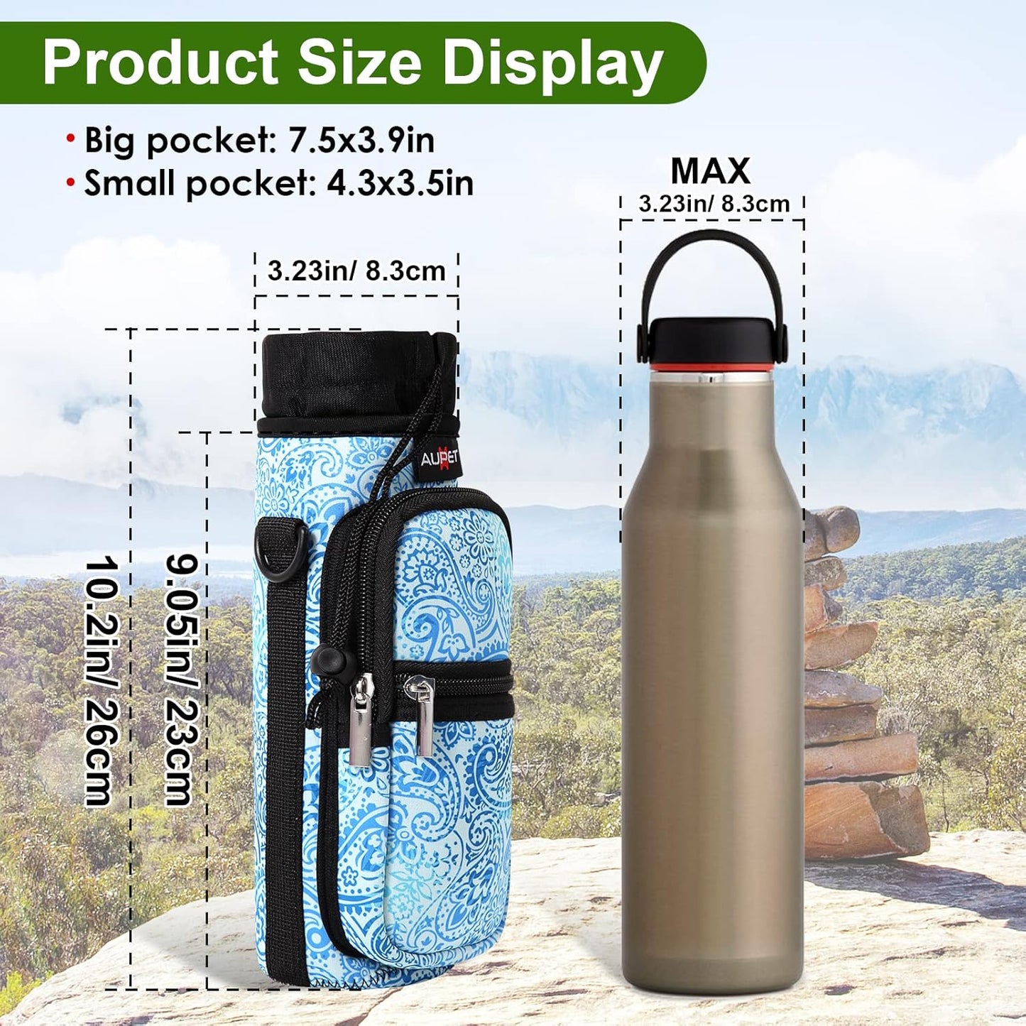 AUPET Water Bottle Sling Bag Sleeve Holder Carrier 25/32/40/64 oz,Insulated Crossbody Water Bottle Case Cover with Strap and Pockets for Men/Women Walking Hiking