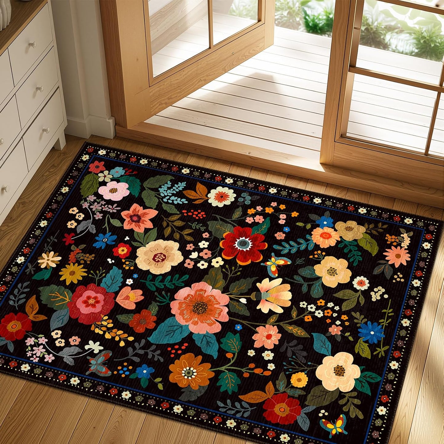 Floral 2x3 Area Rug Machine Washable Soft Print Boho Carpet Non Slip Doormat Low Pile Flower Area Rugs for Living Room Bedroom Nursery Kitchen Dining Room Indoor-Black