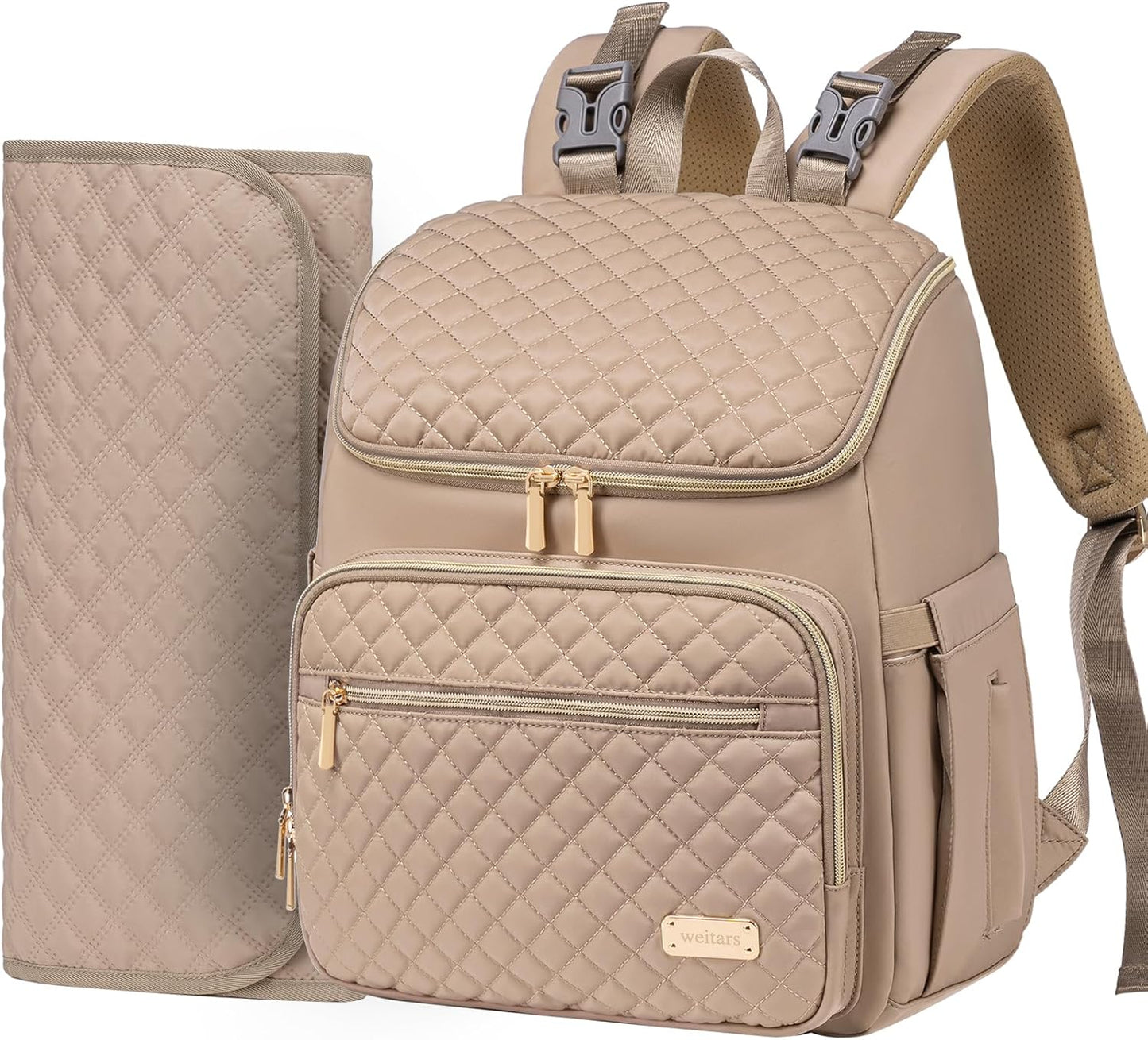 Weitars Diaper Bag Backpack Large Baby Diaper Bag with Changing Pad Travel Diaper Backpack,Baby Bag for Boys Girls,Stroller Straps,5 Insulated Pockets (Khaki)