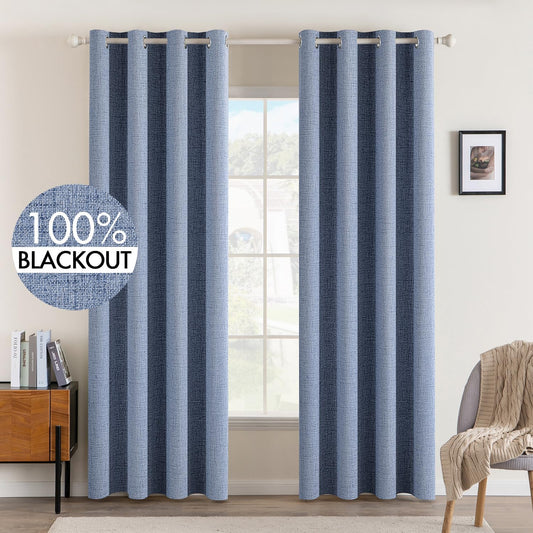 MIULEE Linen Texture Curtains for Bedroom Solid 100% Blackout Thermal Insulated Stone Blue Curtains Grommet Room Darkening Drapes Luxury Decor for Living Room Nursery 52x90 Inch (2 Panels)