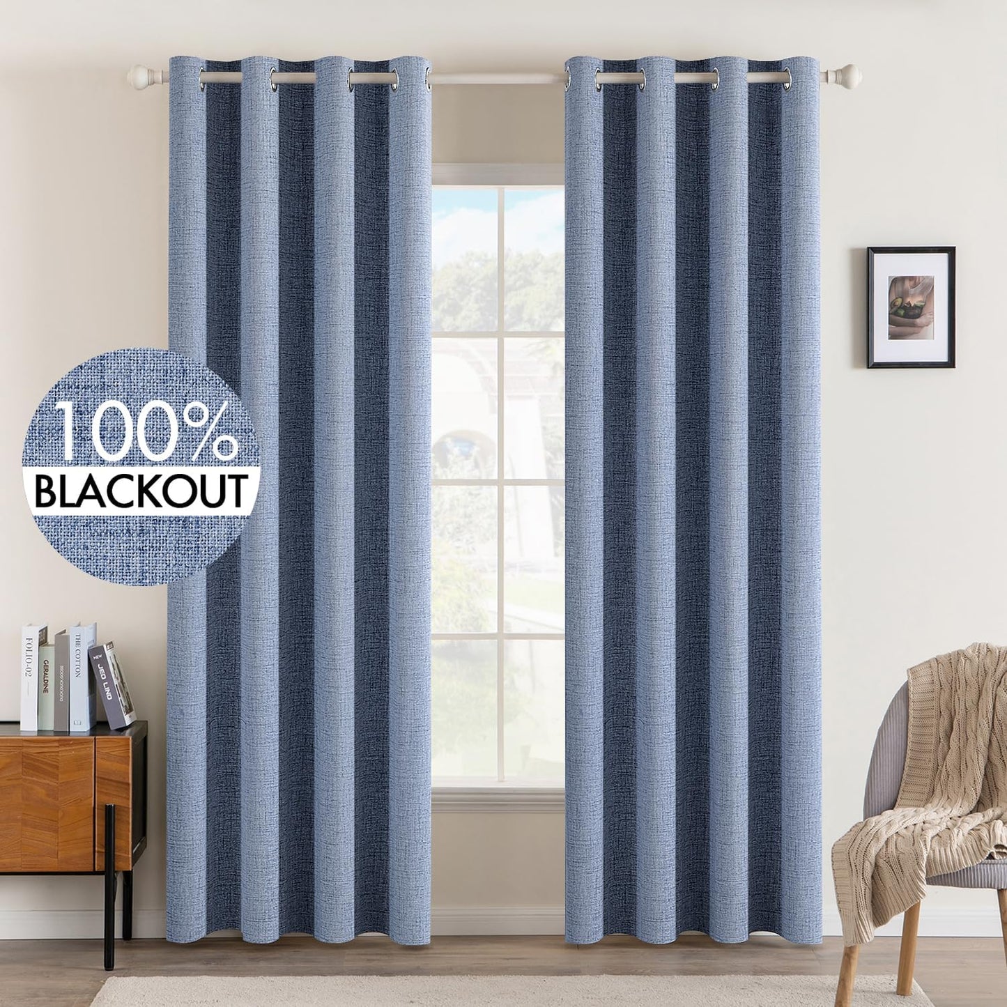 MIULEE Linen Texture Curtains for Bedroom Solid 100% Blackout Thermal Insulated Stone Blue Curtains Grommet Room Darkening Drapes for Living Room Nursery 52x108 Inch (2 Panels)