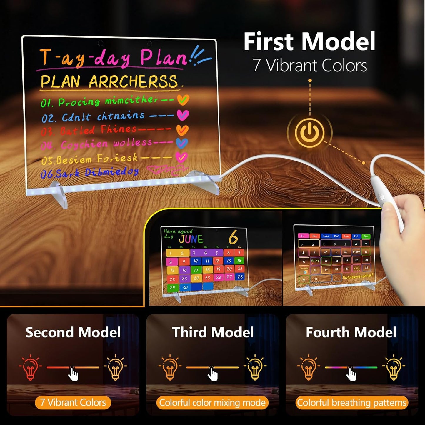 LED Note Board with Colors, 13.7"X10" 4 Modes & 7 Colors Acrylic Dry Erase Board with Light, Include Adapter, Hanging Chain, Led Drawing Board for Kids with Stand, 7 Markers, Spray Bottle