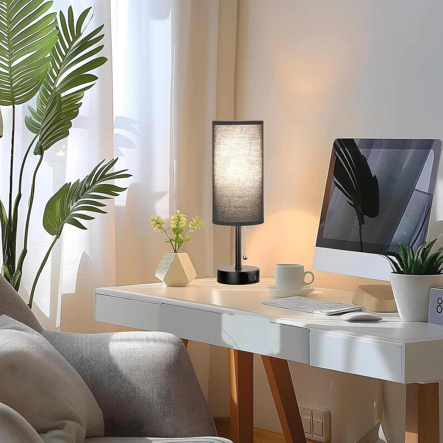 Black Bedside Lamps for Bedroom Set of 2 - Nightstand Table Lamp with USB Charging Port, Pull Chain Night Stand Light, Side Table Desk Reading Lamp for Living Room/Dorm/Bathroom/Kitchen