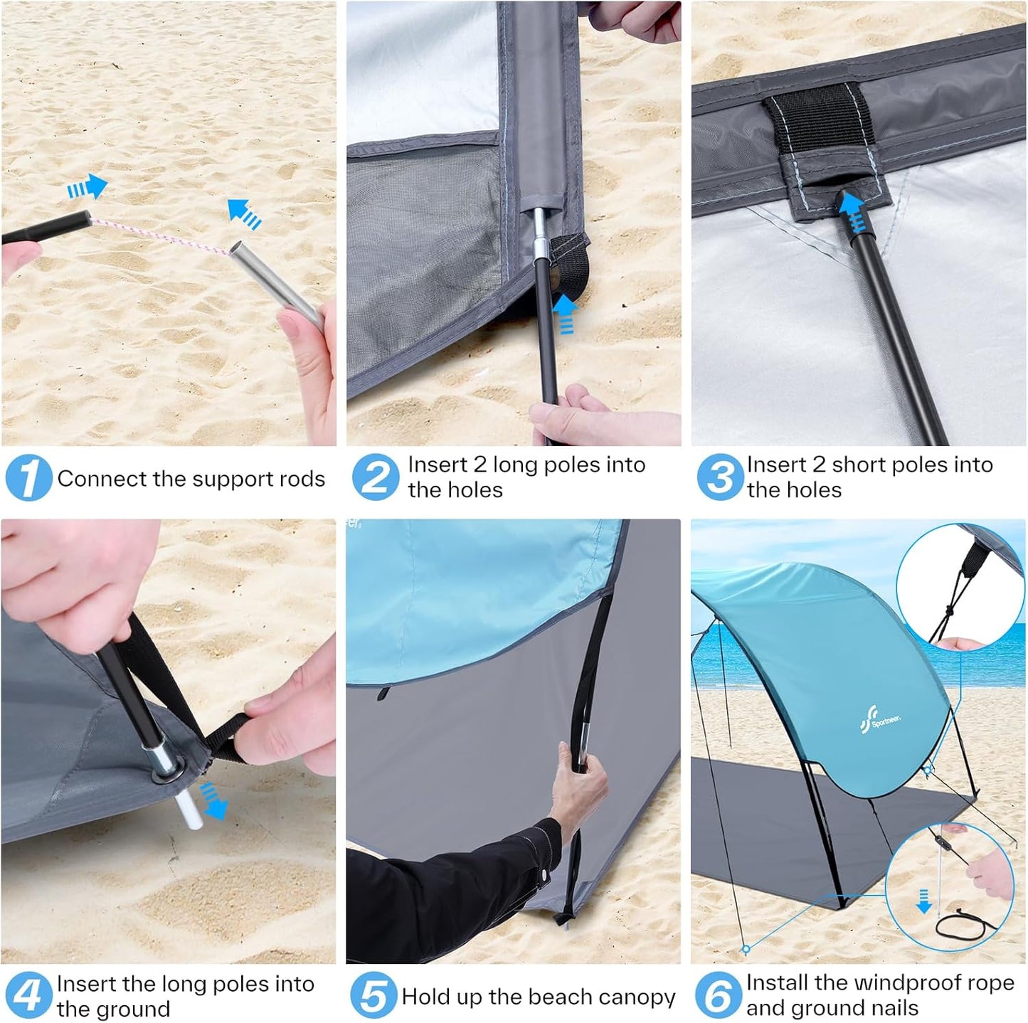 Sportneer Beach Tent Sun Shelter: UPF 50+ UV Protection Beach Canopy Tent Sun Shade for 2-3 Person, Easy Set Up Canopy with 8 Wind Ropes and 12 Ground Stakes, Size 96.5''x55.7''