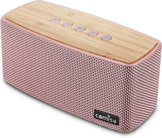 comiso Bluetooth Speakers, 20W Loud Wood Home Audio Outdoor Portable Wireless Speaker, Subwoofer Tweeters for Super Bass Stereo Sound Bluetooth 5.0 Handsfree 24H Playtime (Pink)