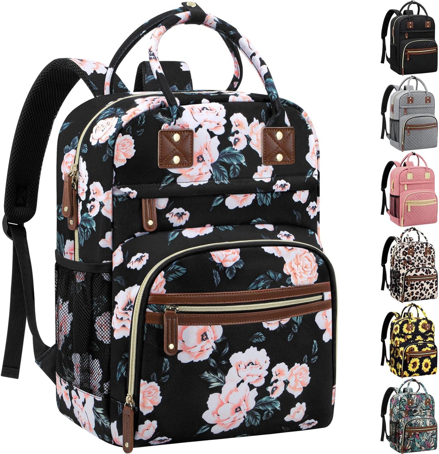 Diaper Bag Backpack Tote for Women Large Capacity with Insulated Pockets Multifunctional Diaper Bags For Baby Girl Boy Waterproof Baby Bags, Maternity Bag Black Pink Floral