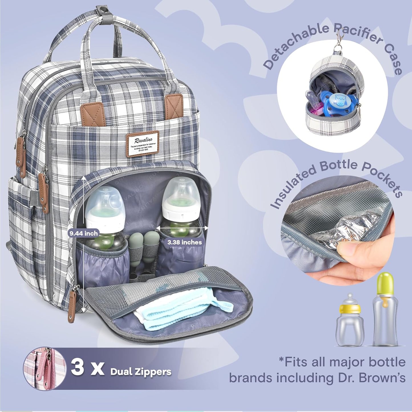 RUVALINO Diaper Bag Backpack, Multifunction Travel Pack Maternity Baby Changing Bags, Large Capacity, Waterproof, Blue Plaid