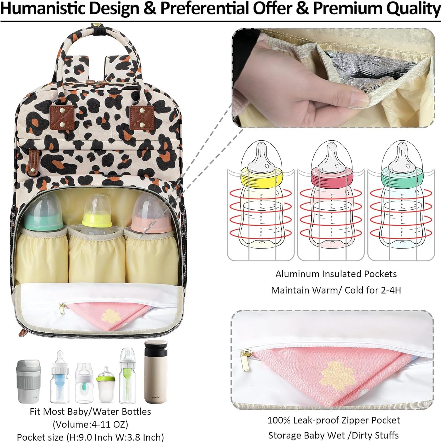 Diaper Bag Backpack Tote for Women Large Capacity, Baby with Insulated Pockets Multifunctional Bags For Girl Boy Waterproof Boys Girls Mama Maternity Travel Leopard