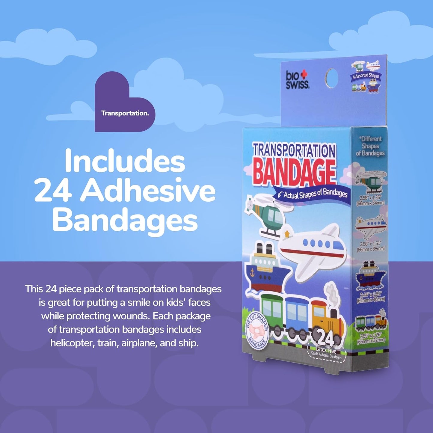 BioSwiss Bandages, Transportation Shaped Self Adhesive Bandage, Latex Free Sterile Wound Care, Fun First Aid Kit Supplies for Kids and Adults, 24 Count