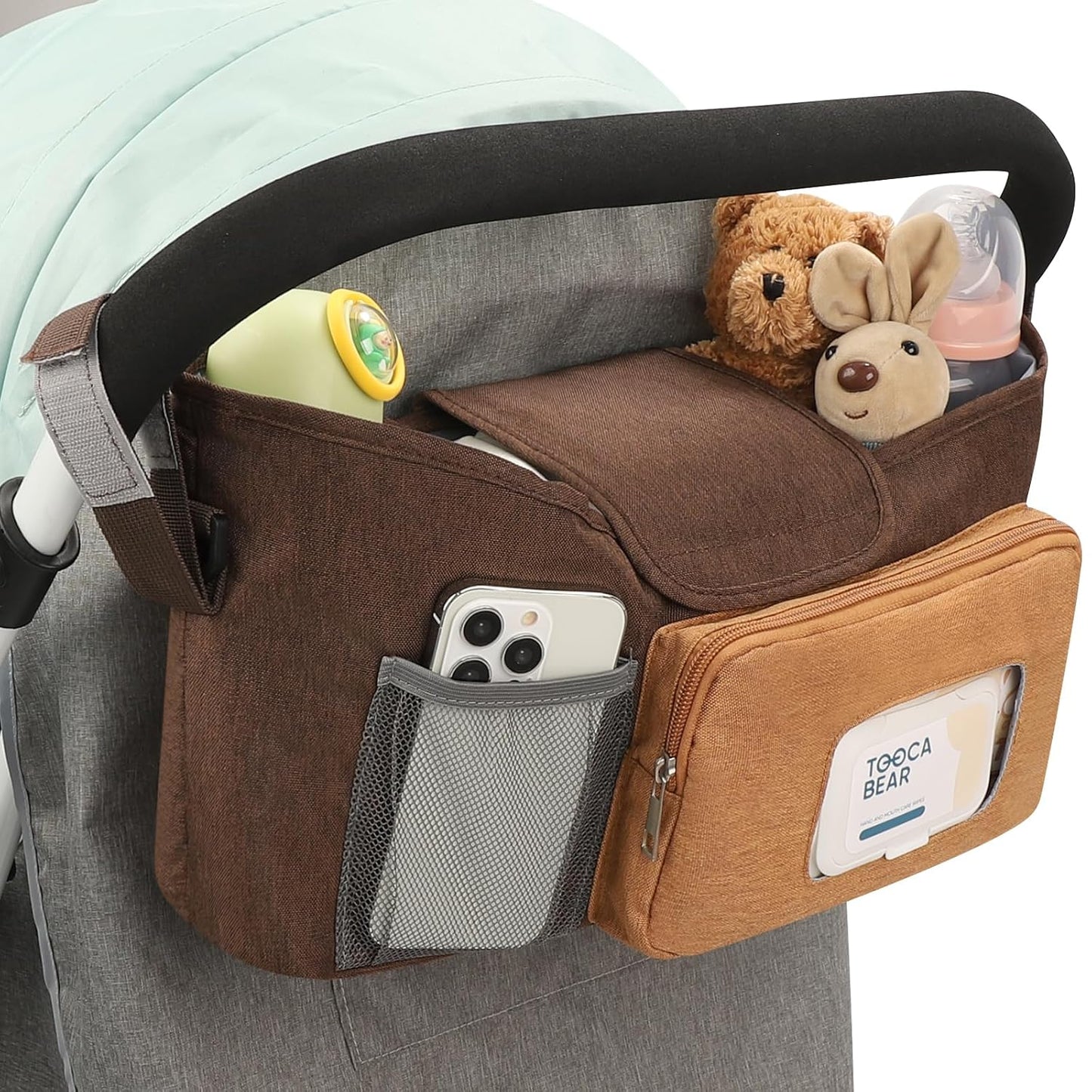Accmor Universal Stroller Organizer with Insulated Cup Holder, Stroller Caddy Bag Accessories, Stroller Cup Holder Organizer for Uppababy Baby Jogger Britax Stroller, Brown