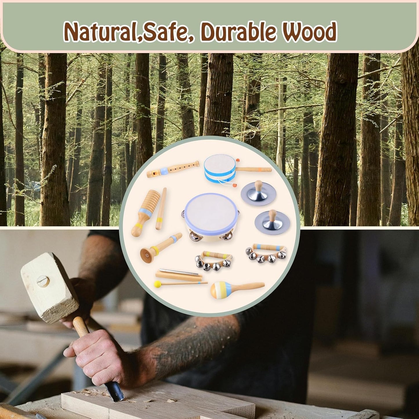 Montessori Musical Instruments for Toddlers, Wooden Baby Music Set with Drum, Flute, Clarinet, Chime Bar, Bells Cymbals, Natural Sensory Learning Toys for Boys Girls 1-3 Years Old