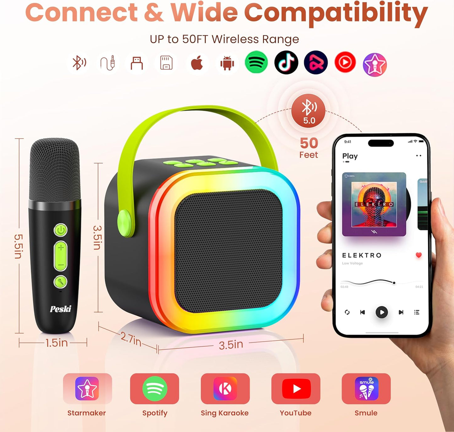 Karaoke Machine for Kids Adults, Portable Bluetooth Mini Karaoke Microphone Singing Speaker Karaoke Player with 2 Wireless Mic, for All Smartphones,Birthday, Family,Home Party (Black Green)