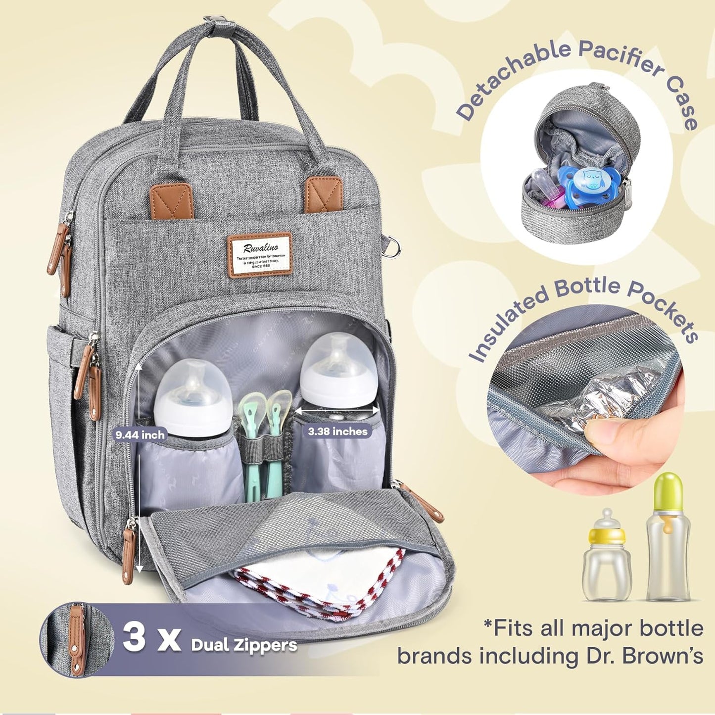 RUVALINO Diaper Bag Backpack-Expandable Baby Bag with up to 50% Capacity -Baby Essentials Bag with Changing Pad Insulated Bottle Holders & Pacifier Case, Waterproof, Gray XL