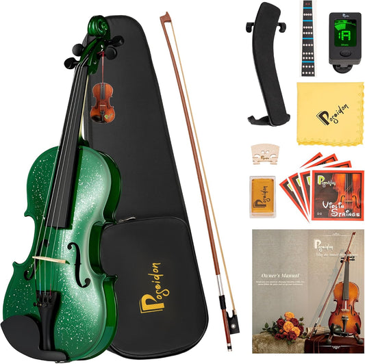 Poseidon Violin for Beginner, Full Size Violin Set for Kids Student with Hard Case, Extra 4/4 Strings Set, Violin Bow, Horse Bridges, Rosin, Shoulder Rest, Clip-on Tuner, Manual - Green Glossy