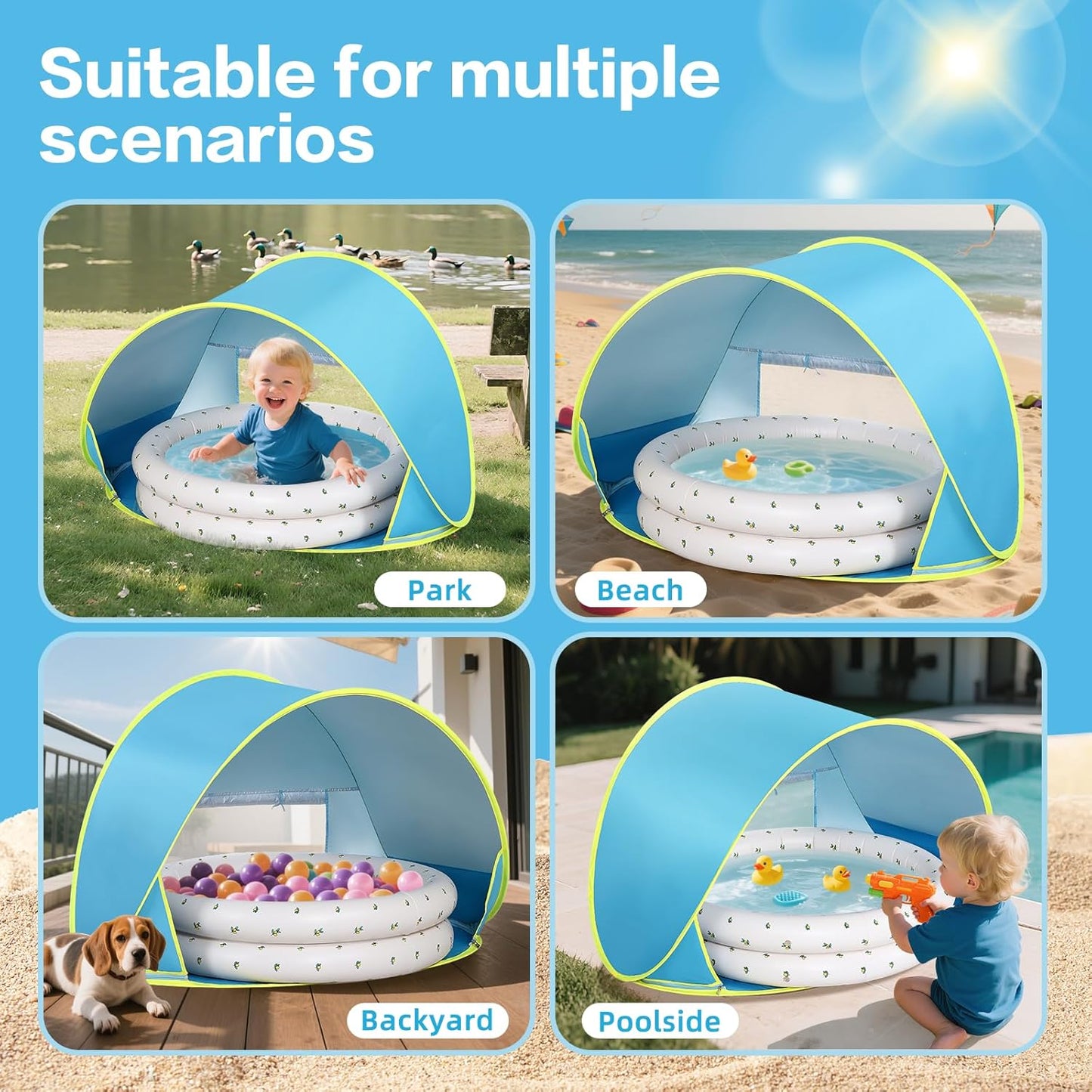 Baby Beach Tent Canopy: with Inflatable Kiddie Swimming Pool Toys - UPF50+ UV Protection Pop Up Sun Shelter Tent & Small Pool - Beach Essentials for Infant Toddlers