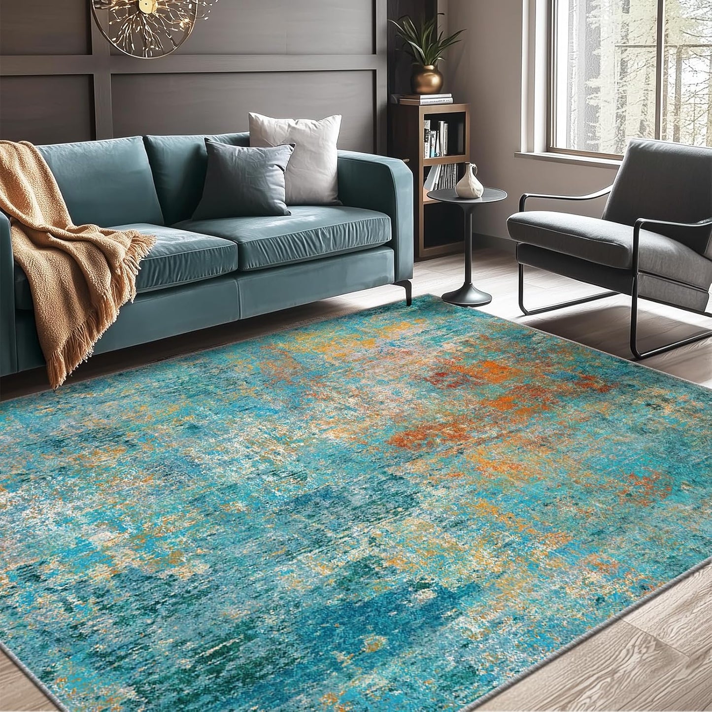 Washable Area Rugs 9'x12' Non-Slip Modern Abstract Soft for Living Room Entryway Bedroom Nursery, Print Pattern, Teal Blue Green Orange Rust Red Colorful