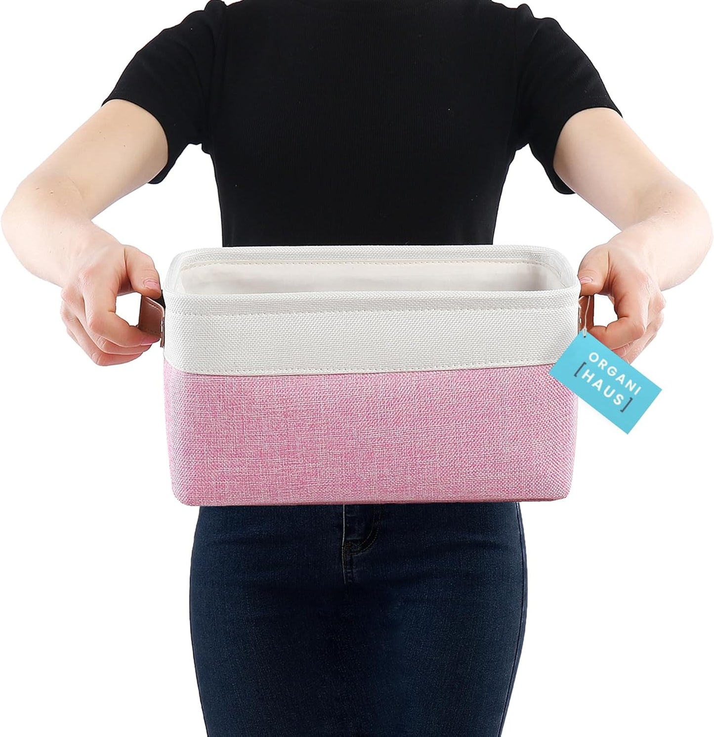 OrganiHaus Small Fabric Storage Baskets for Shelves 3 Pack, 12x8in Closet Storage Bins for Shelves, Cloth Baskets for Organizing, Linen Closet Organizers, Fabric Basket, Pink/White