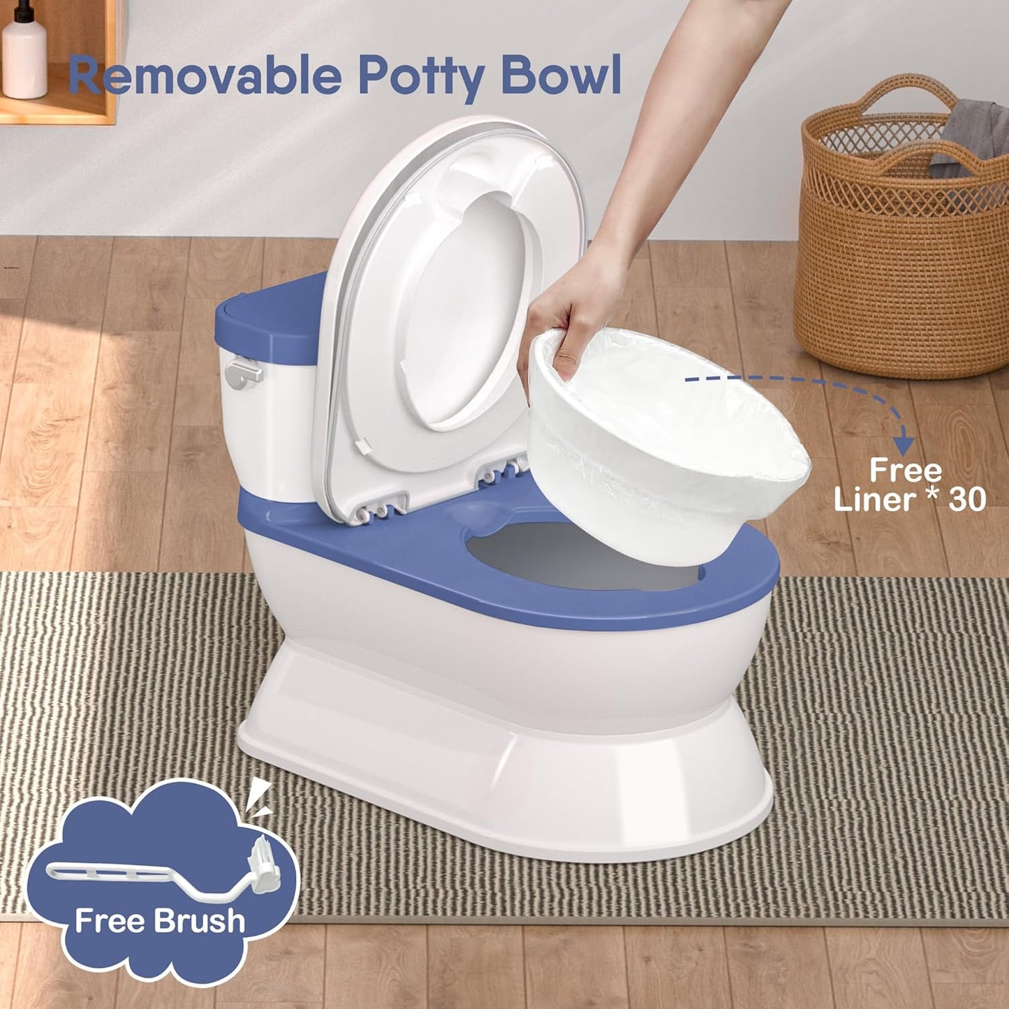 2-in-1 Toddler Potty Training Toilet - Larger Potty Chair & Detachable Training Seat for Boys & Girls Ages 1-3 with Flushing Sound, Wipes Storage, Toilet Paper Holder - Blue