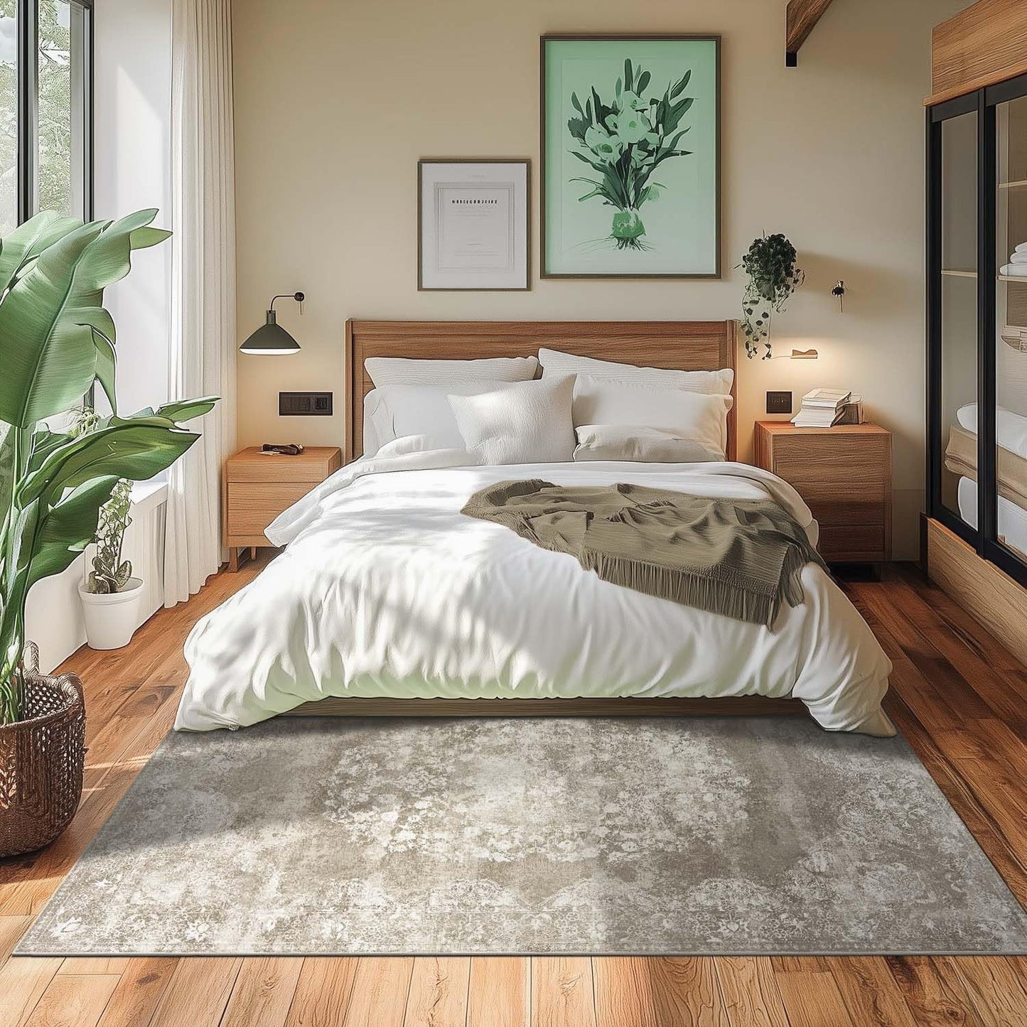 jinchan Washable Area Rug 6x9 for Living Room - Soft Faux Wool Ultra-Thin Stain Resistant Non-Slip Distressed Vintage Floral Large Carpet for Bedroom,Dining Room,Home Office,Nursery(Brown, 6'x9')