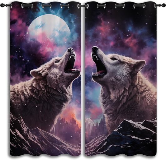 Wolf Blackout Curtains for Boys Girl Bedroom Decor,Fantasy Starry Sky Galaxy Forest Wildlife Thermal Insulated Grommet Drapes Darkening Window Curtain for Living Room Home 42x45 inch