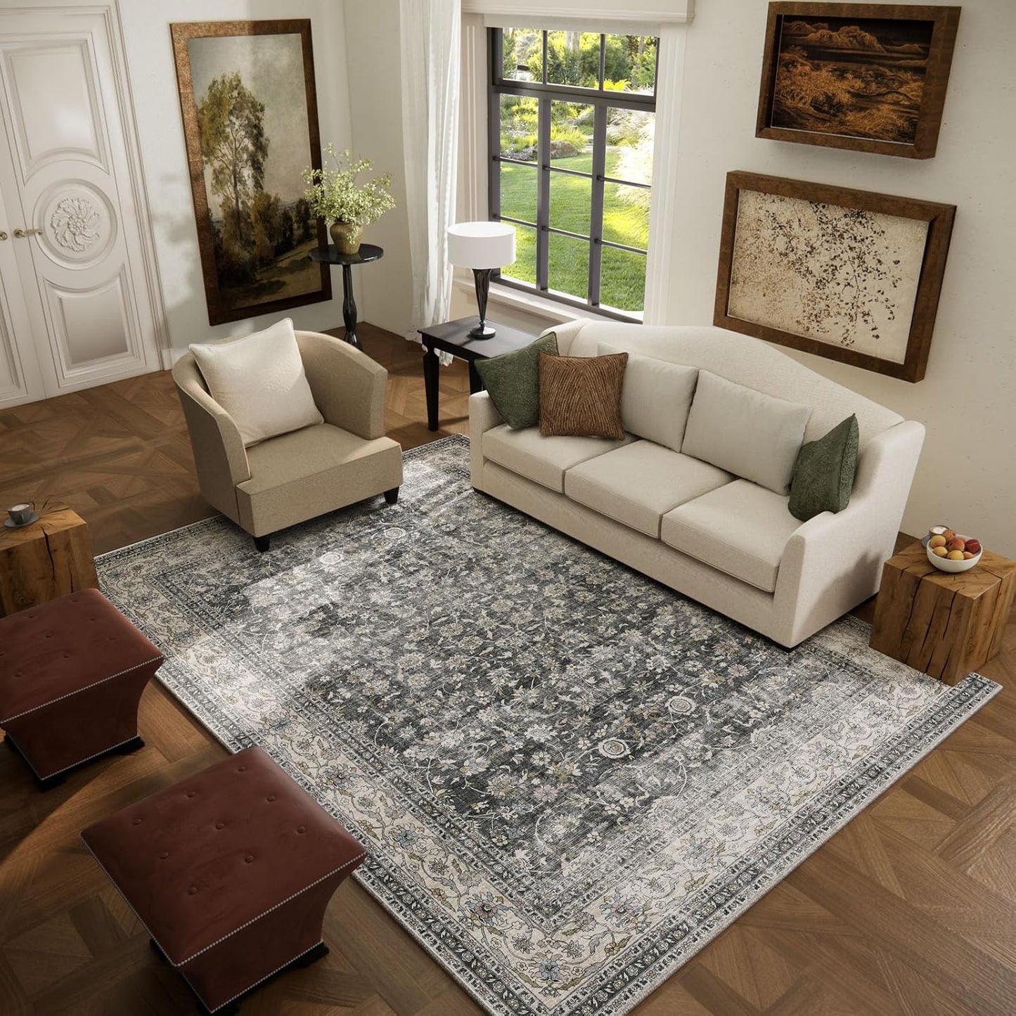 Machine Washable Rugs for Living Room: 5x7 Bedroom Rug Vintage Boho Area Rug Stain Resistant Non Slip Low Pile Lightweight Soft Carpets for Living Room Dining Room Kitchen Nursery Kids Room Farmhouse