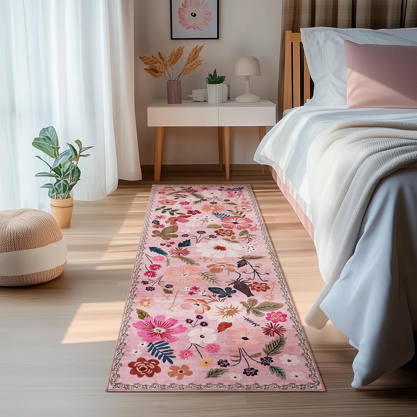 Pink Runner Rug 2x6 for Kitchen Machine Washable Non Slip with Rubber Backing Boho Vintage Floral Carpet Soft Stain Resistant Thin Long Rugs for Entrance Hallways Laundry Bedside Bathroom Girly Decor