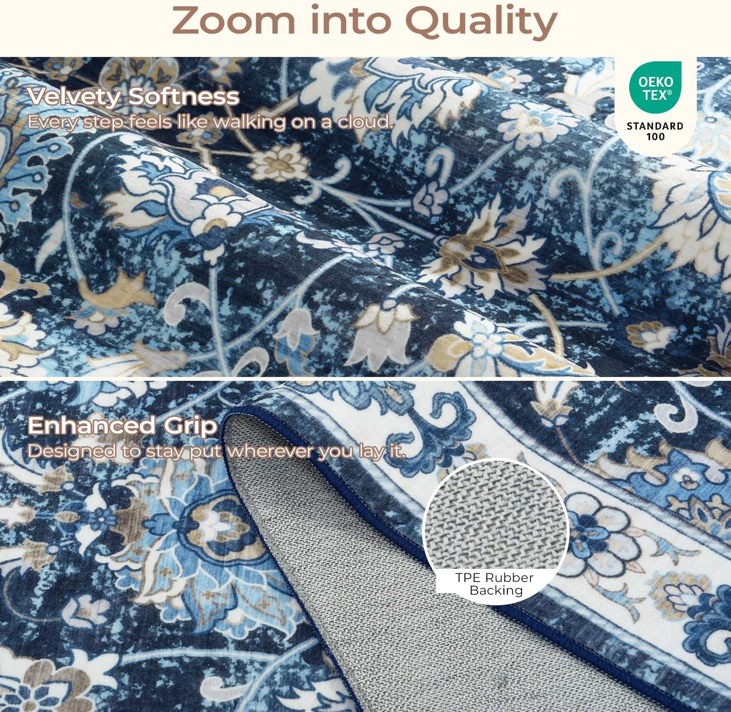 Floral Washable Area Rugs 5x7, Vintage Rug for Living Room, Large Bedroom Carpet, Non Slip Low Pile Ultra Soft Carpets for Indoor Dining Home Nursery Playroom Under Table, Blue Garden