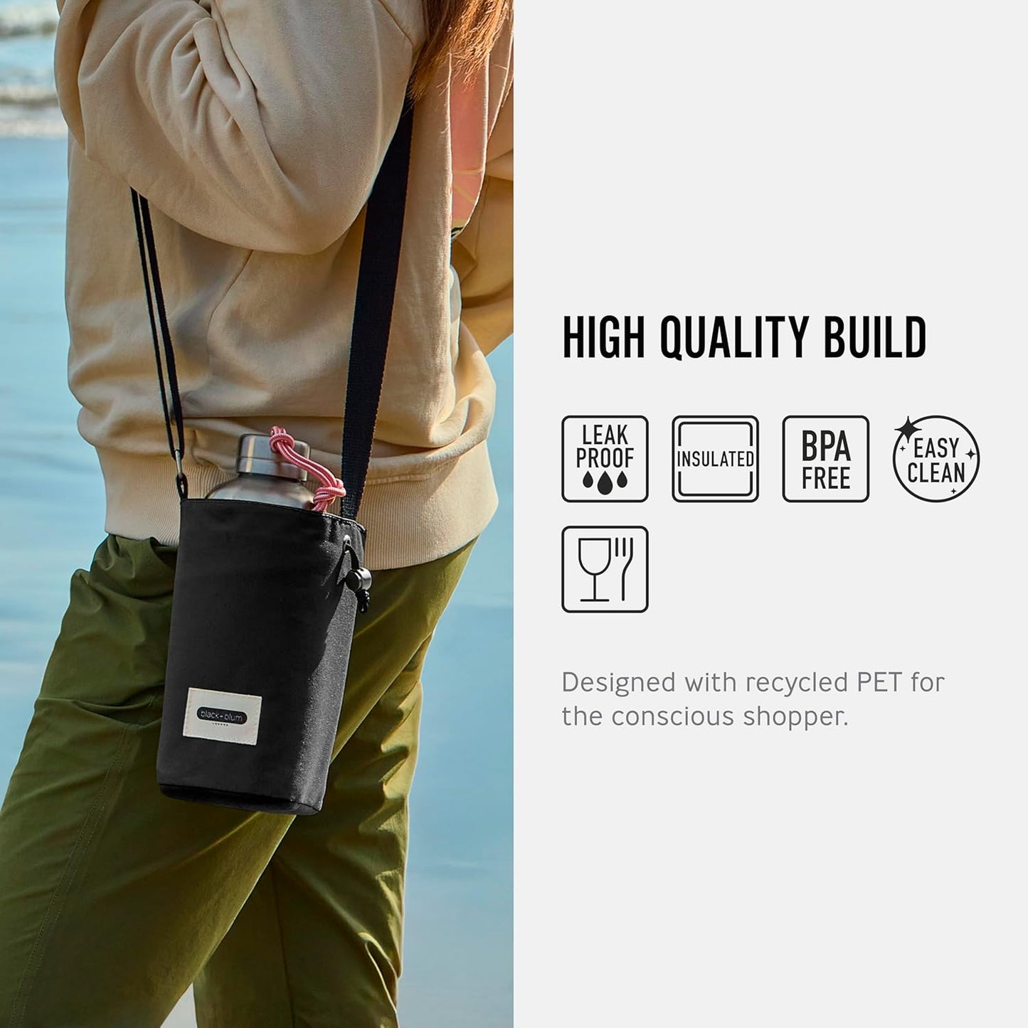 BLACK + BLUM Insulated Bottle Bag - For Adults and Kids - Made with Recycled PET and BPA Free - Bottle Bag for On The Go, Black