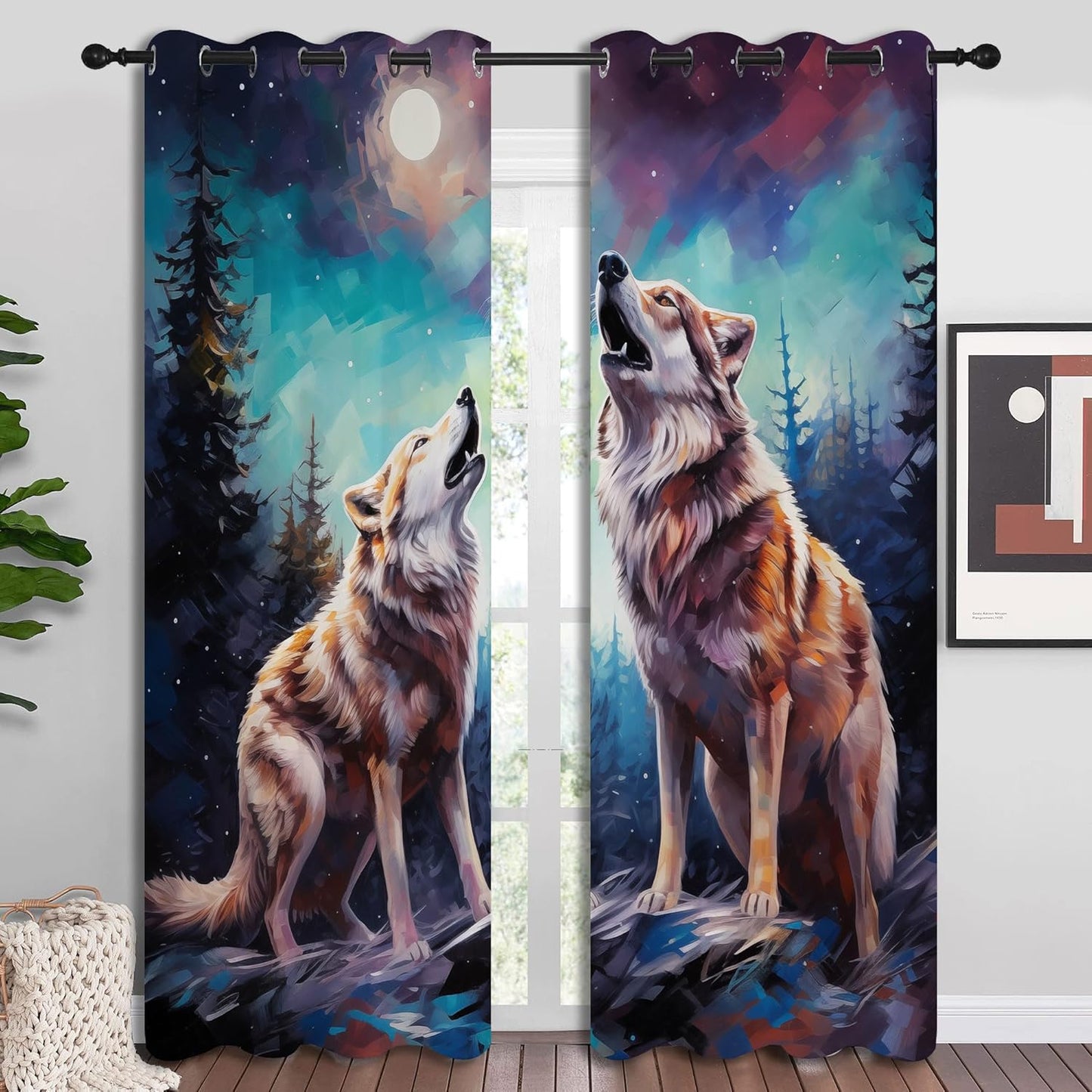 Wildlife Blackout Curtains for Boys Girl Bedroom Decor,Fantasy Starry Full Moon Wolf Howling Thermal Insulated Grommet Drapes Darkening Window Curtain for Living Room Home 84x72 inch