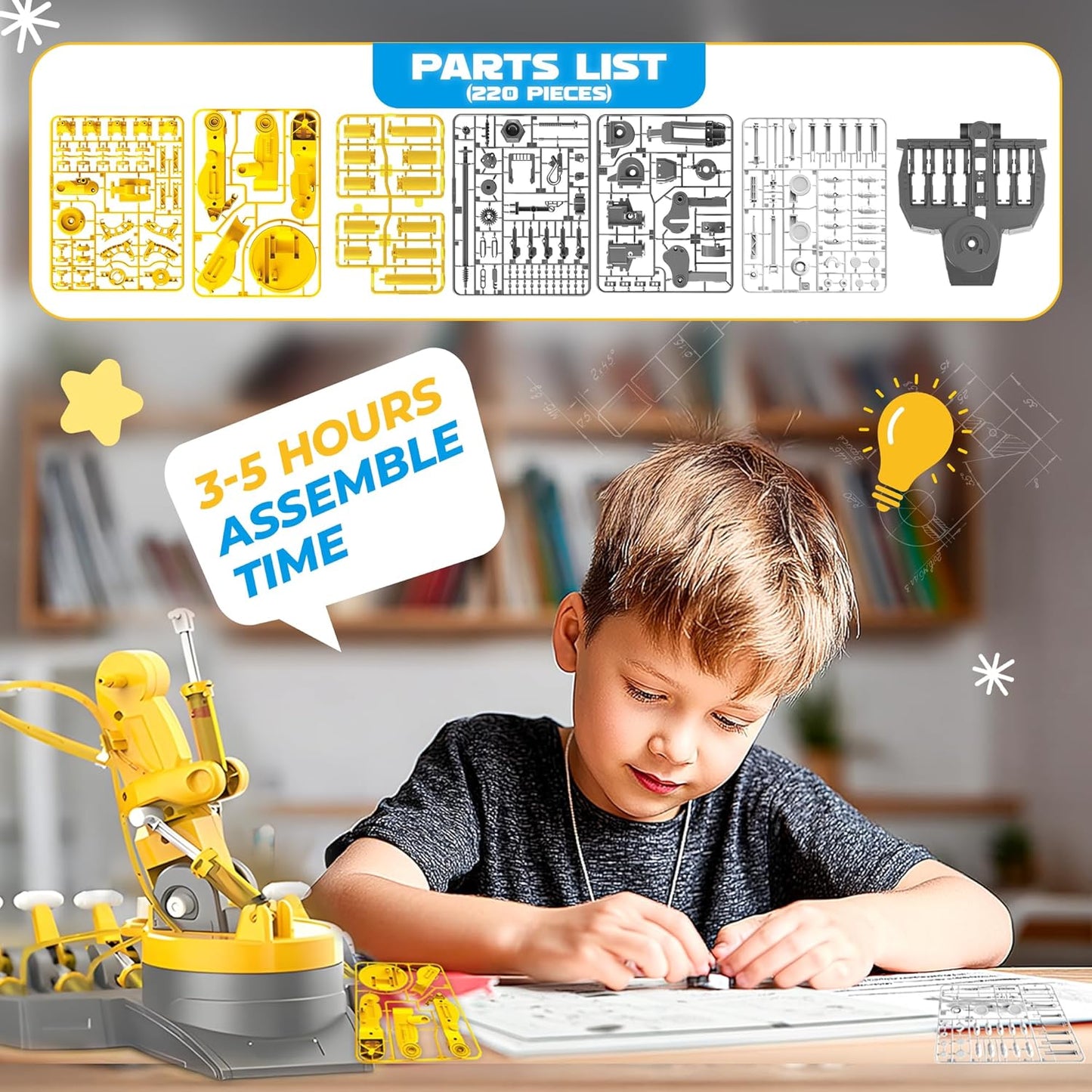 SMIESSKIDDO 3 in 1 Hydraulic Robot Arm - 220 Pcs STEM Building Toys with 4-Jaw Grab, Suction & Tongs for Kids 8-12 | No Batteries Needed Engineering Gift for Boys & Girls Ages 9 10 11