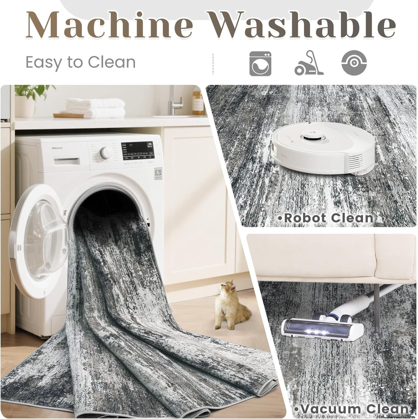 Washable Rug 9x12 Area Rugs for Living Room: Large Neutral Soft Rug Abstract Non Slip Low Pile Modern Carpet for Bedroom Kitchen Nursery Office Dining Room Indoor (Black, 9'x12')