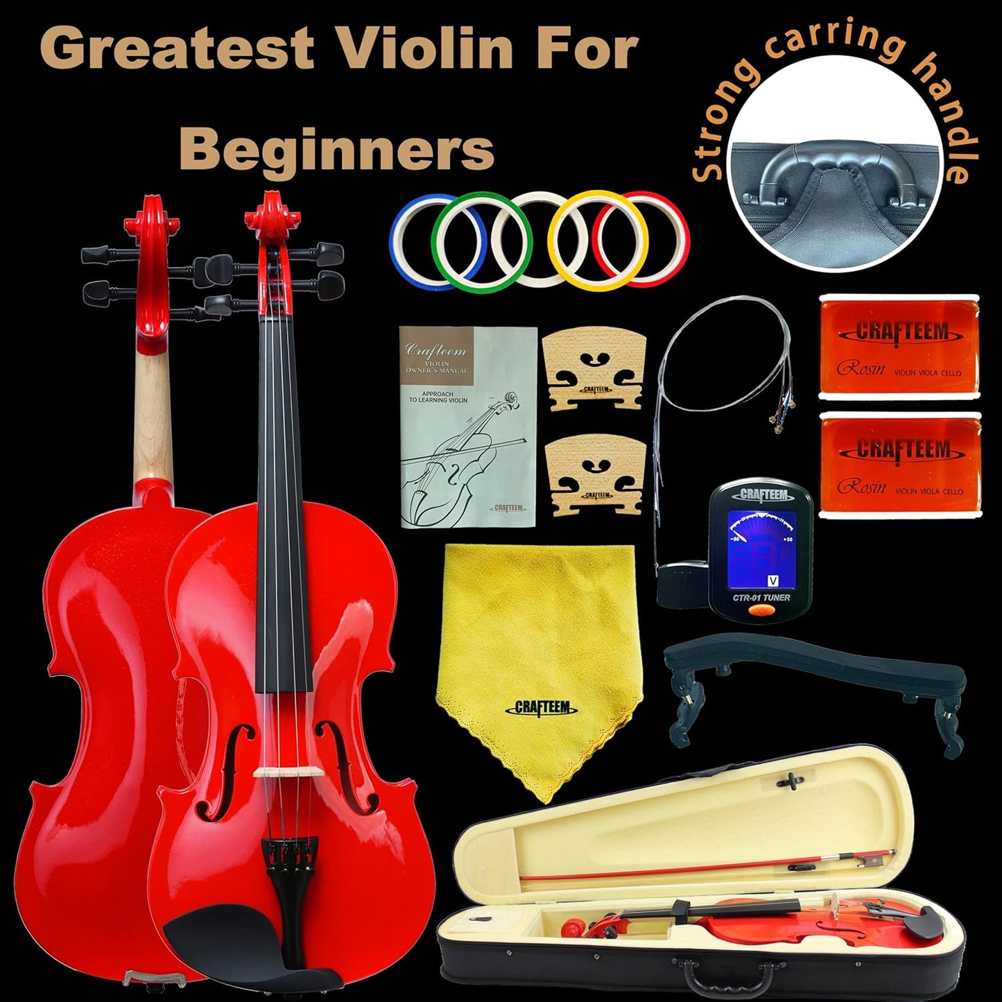 4/4 Full Size Fiddle Red Colored Premium Violin Outfit for Beginners Adults Kids With 5 Color Fingering Tape- Handcrafted Student Beginner Violin.