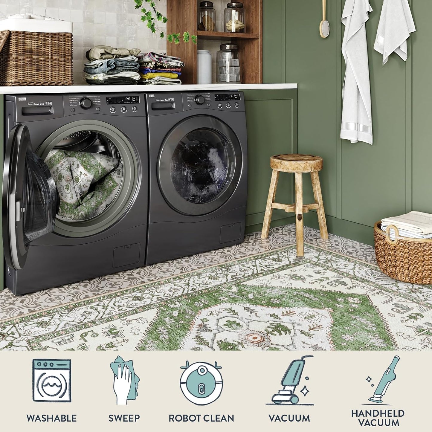 Lahome Boho Green Machine Washable Living Room Rugs - 3x5 Area Rugs for Bedroom Non-Slip Ultra-Thin Entryway Rug, Vintage Print Throw Indoor Carpet Rug for Office Kitchen (Green, 3'x5')