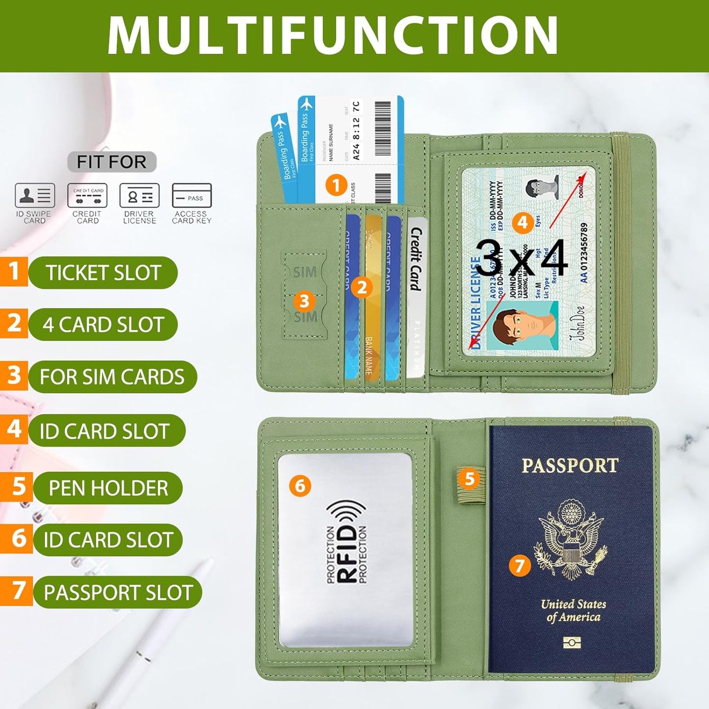 Melsbrinna RFID Passport Holder for Travel, Unisex Adults, Green, Faux Leather, Travel Wallet, RFID Protected