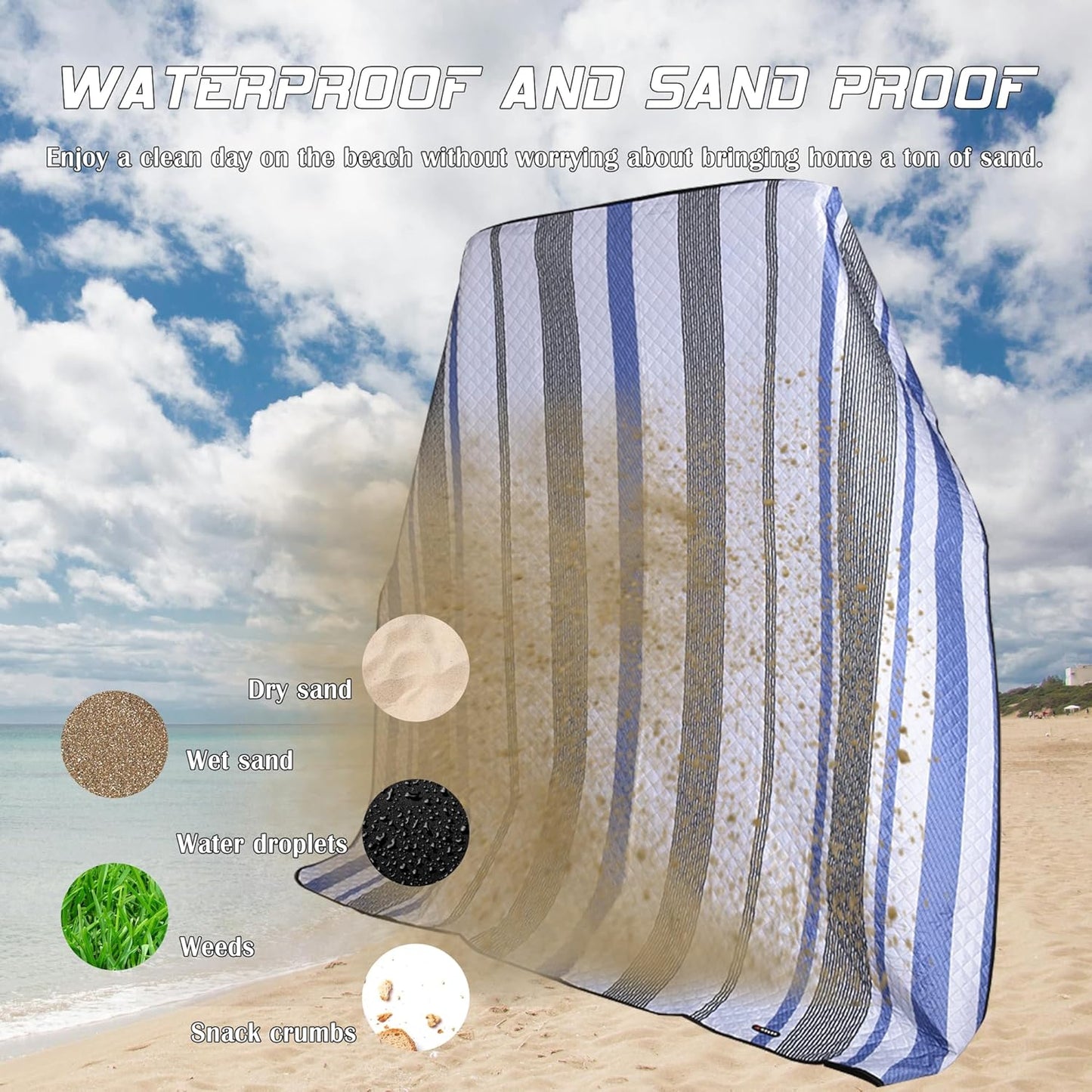 Waterproof Picnic Mat, Outdoor Camping Oversized Field Blanket. Portable Thickened Camping Blanket, Suitable for Beach, Camping, Music Festival, Party, Outdoor Adventure. (Black&Blue&White, 80”x60”)