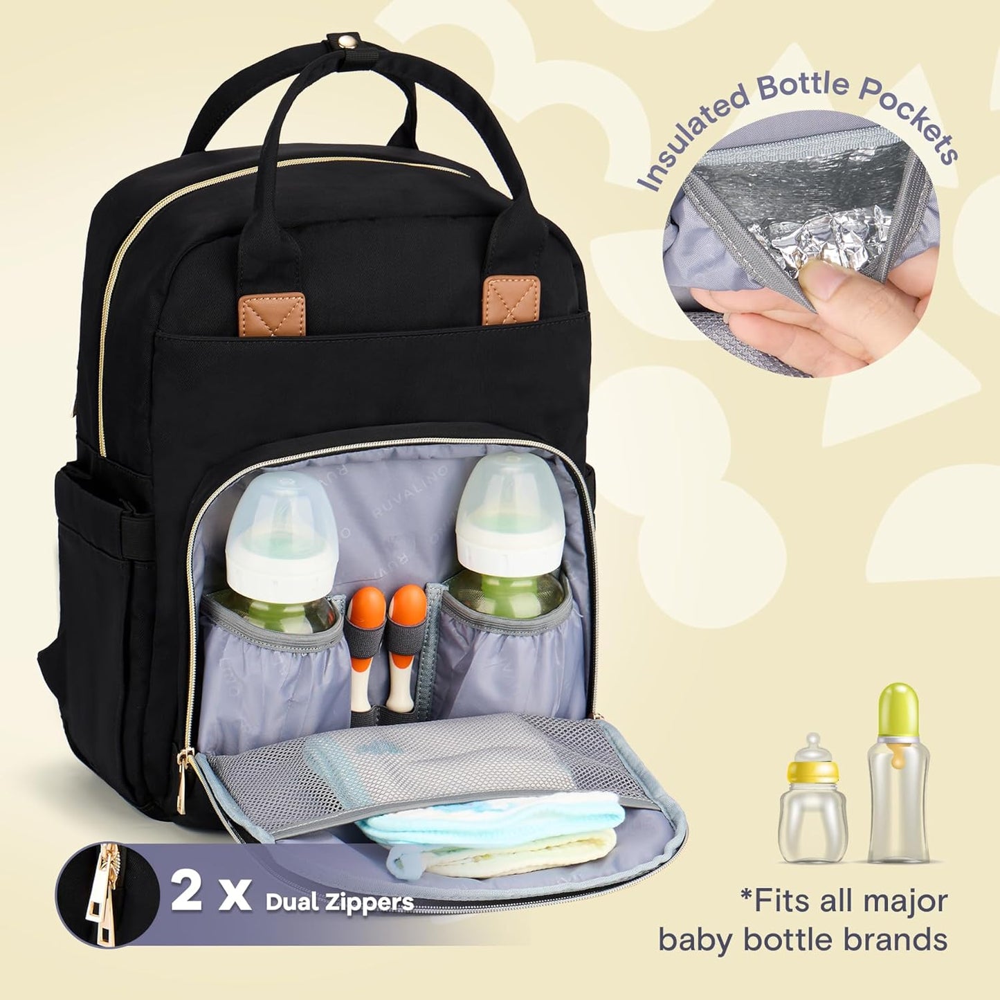 RUVALINO Diaper Bag Backpack-Multifunction Baby Travel Bag, Insulated Bottle Holders & Large Capacity, Waterproof, Deep Black