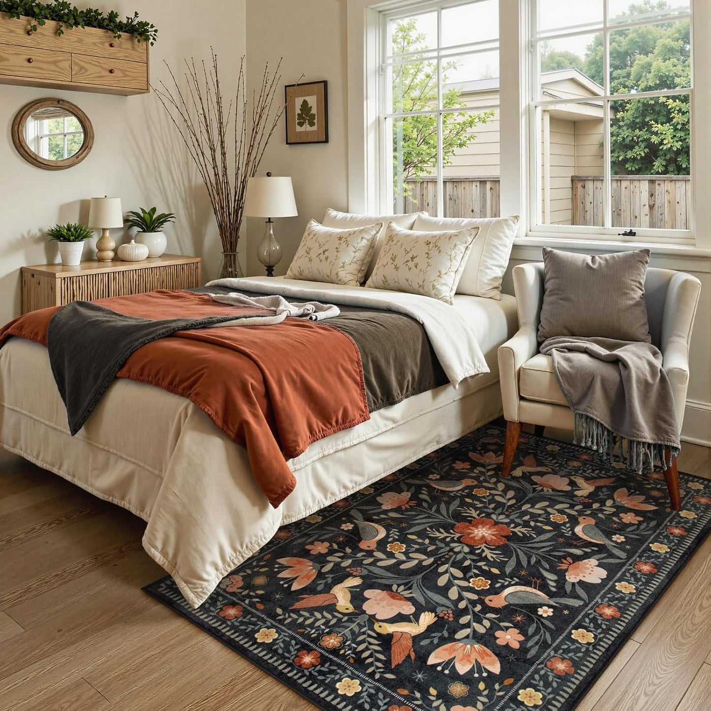 Moynesa Boho Bird 3x5 Rug, Ultra Thin Washable Kitchen Rugs Anti Skid Rubber Backing, Low Pile, Soft, Indoor Large Black Throw Carpet for Entryway Office Bedroom Bathroom Living Room