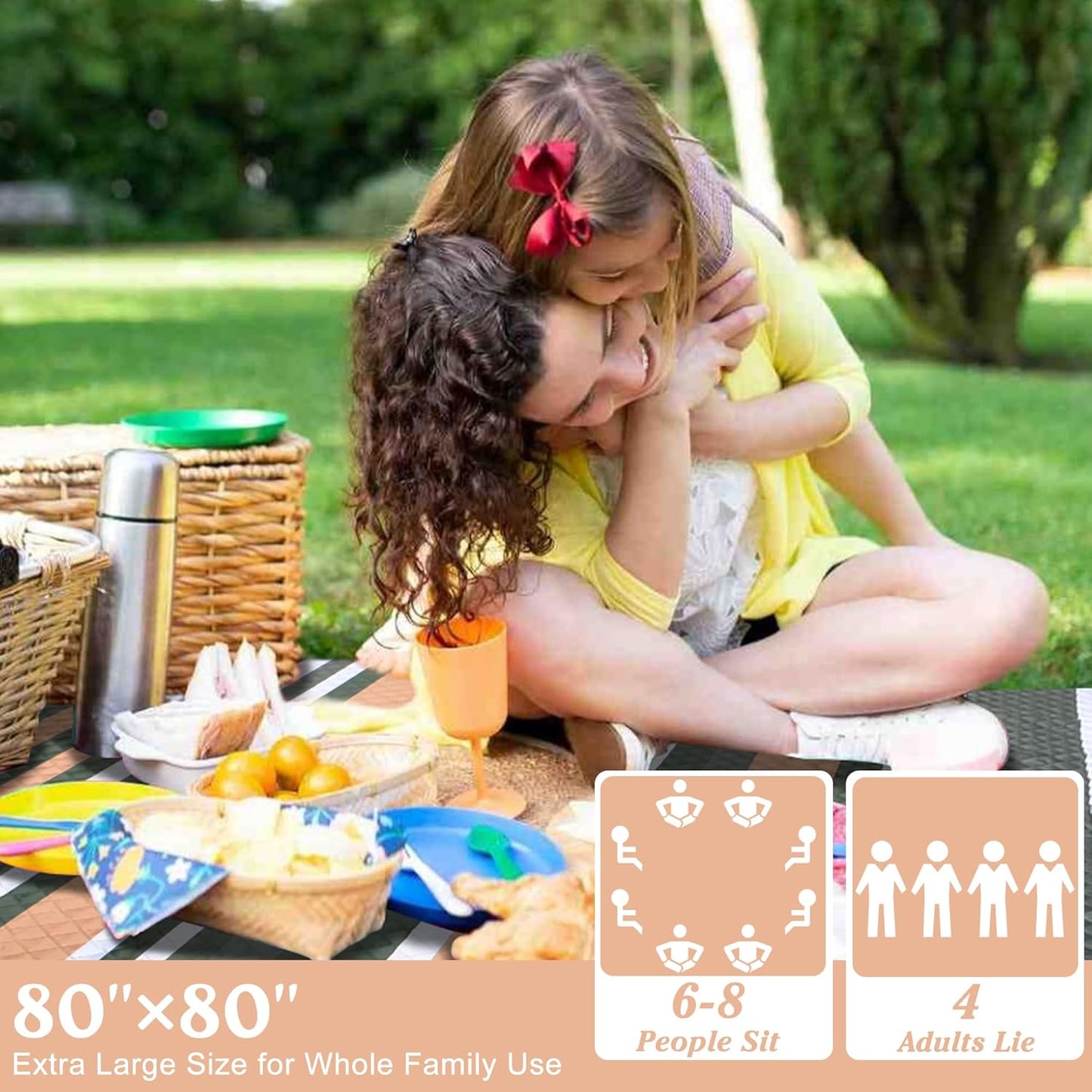 Waterproof Picnic Blanket 80" x 80" in Portable with Carry Strap for Beach Mat or Family Outdoor Camping Party, Park Blanket for Grass Park Hiking Travel Concerts (Dark Green&White&Orange, 80" x 80")