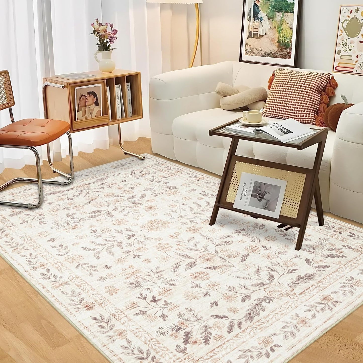 Rugs for Living Room 4x6 Rug, Washable Floral Boho Area Rug Non Slip Soft Low Pile Small Carpet for Bedroom Girls, Bedside, Kitchen, Entryway, Kids Room, Office, College Dorm(4'x6', Floral Beige)