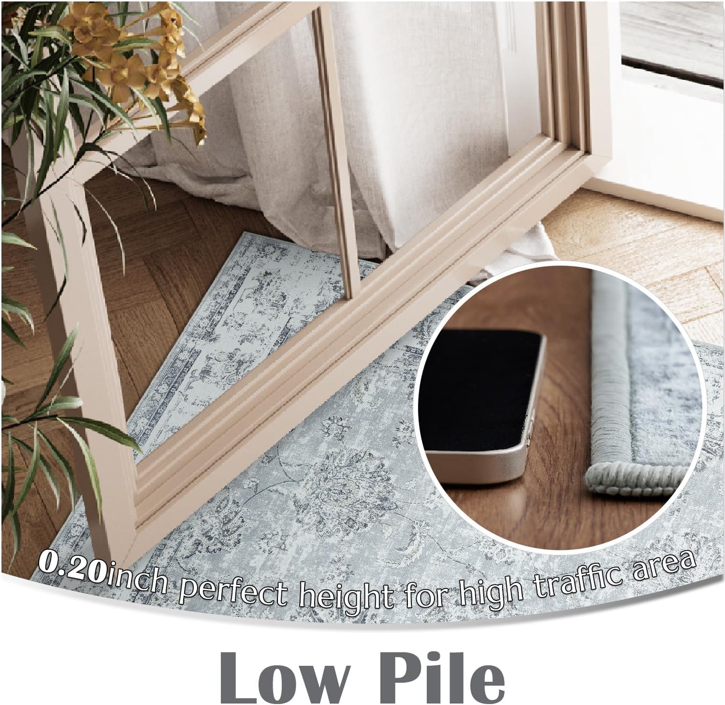 jinchan Runner Rug 2x5 Washable Hallway Runner- Vintage Floral Non Slip Low-Pile Soft Thin Kitchen Rug Distressed Carpet for Farmhouse Bedroom Entryway Laundry Room(2x5ft,Grey)