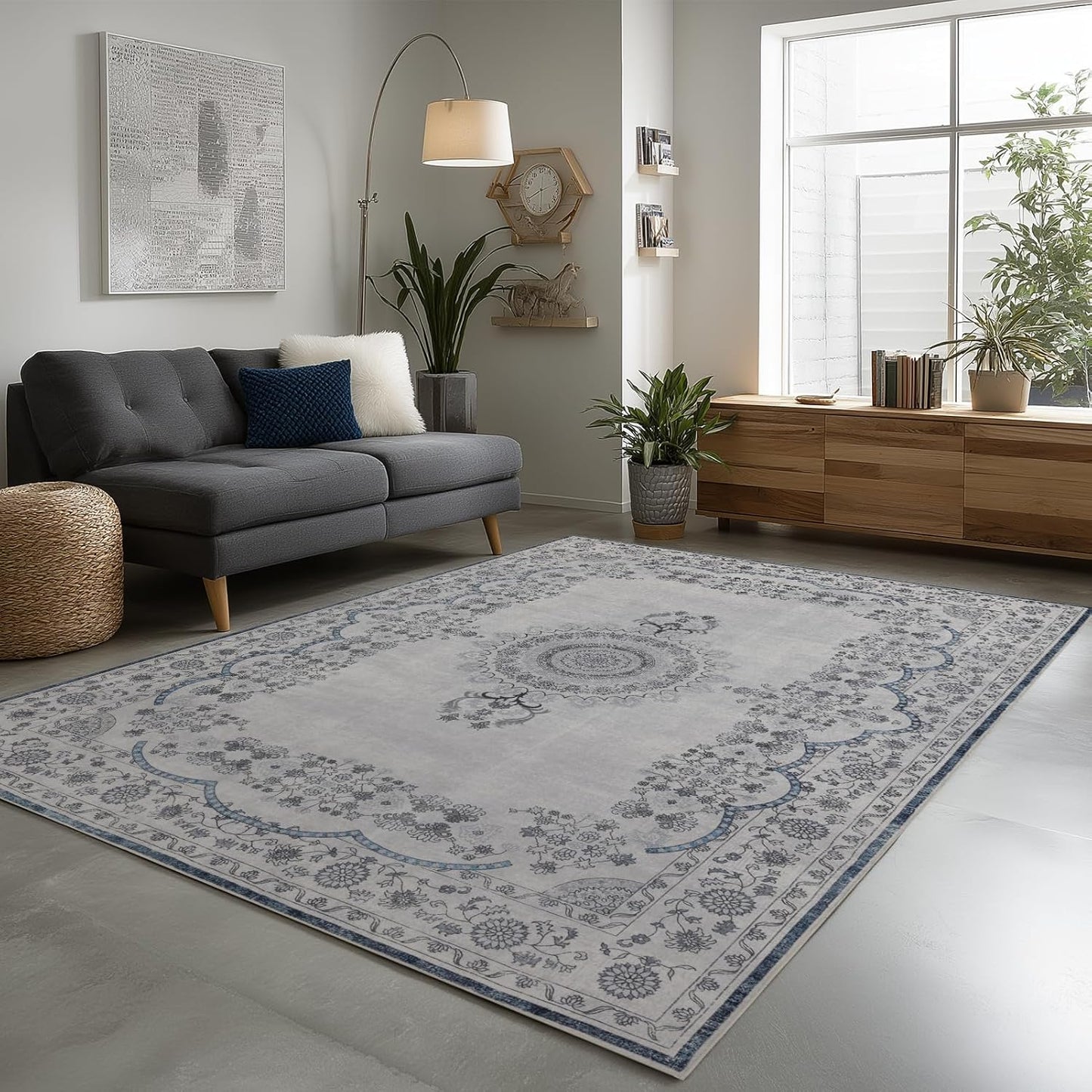 Washable Area Rugs 8x10, Large Rugs for Living Room, Carpet for Bedroom, Soft Faux Wool Retro Dining Room Rug, Non-Slip Backing Resistant Low Pile Vintage Print Rug for Home Office (Grey/Blue)