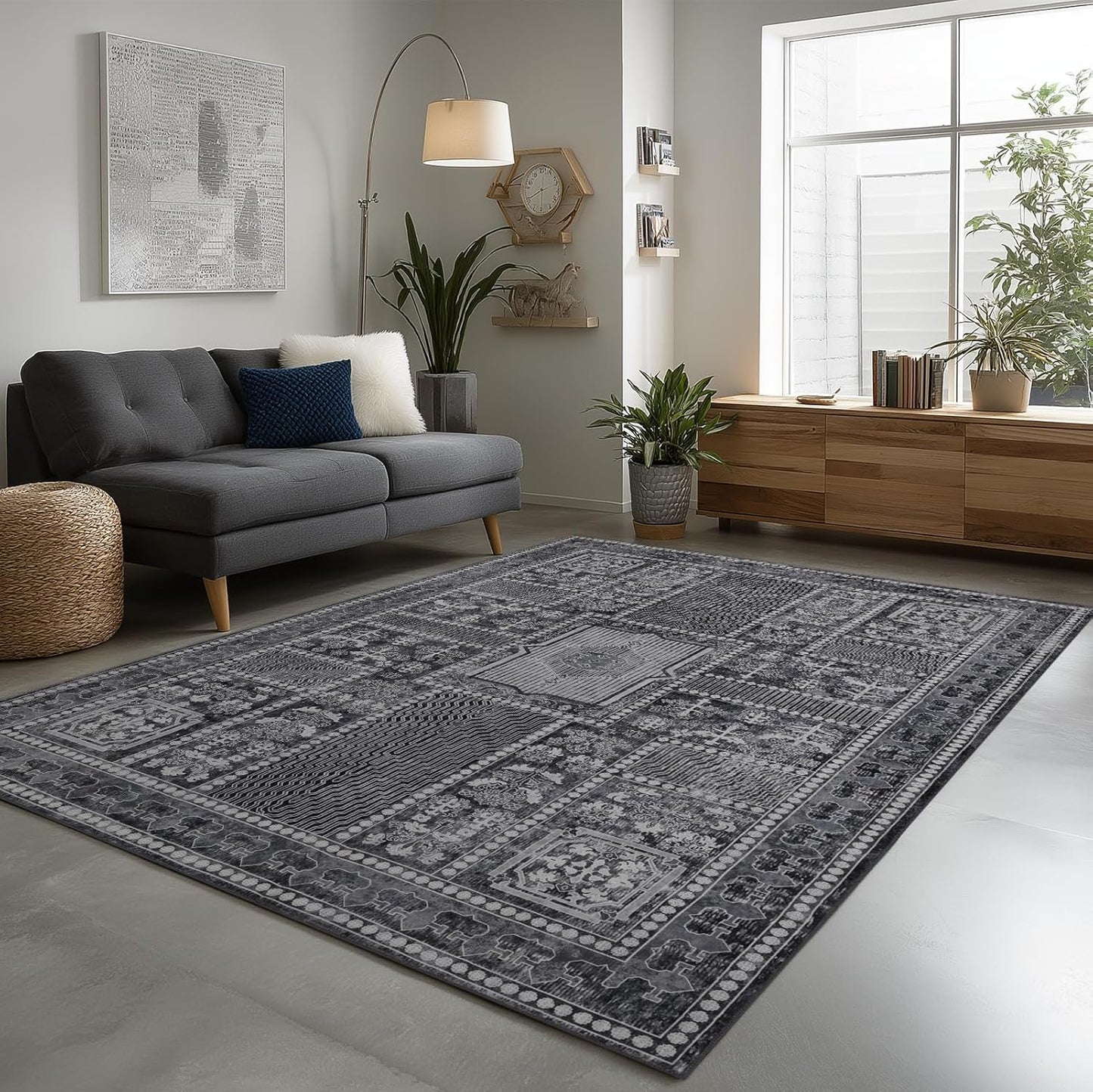 Washable Rugs 5x7 Area Rugs for Living Room, Thin Carpet for Bedroom, Soft Faux Wool Retro Dining Room Rug，Non Slip&Non-Shedding Resistant Low Pile Vintage Print Rug for Home Office (Grey)