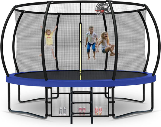 Tatub Large Trampolines Outdoor 10 12 14 15 16FT for Kids and Adults,Outdoor Recreational Pumpkin Trampolines with Curved Poles and Safety Enclosure Net, Basketball Hoop, Ladder