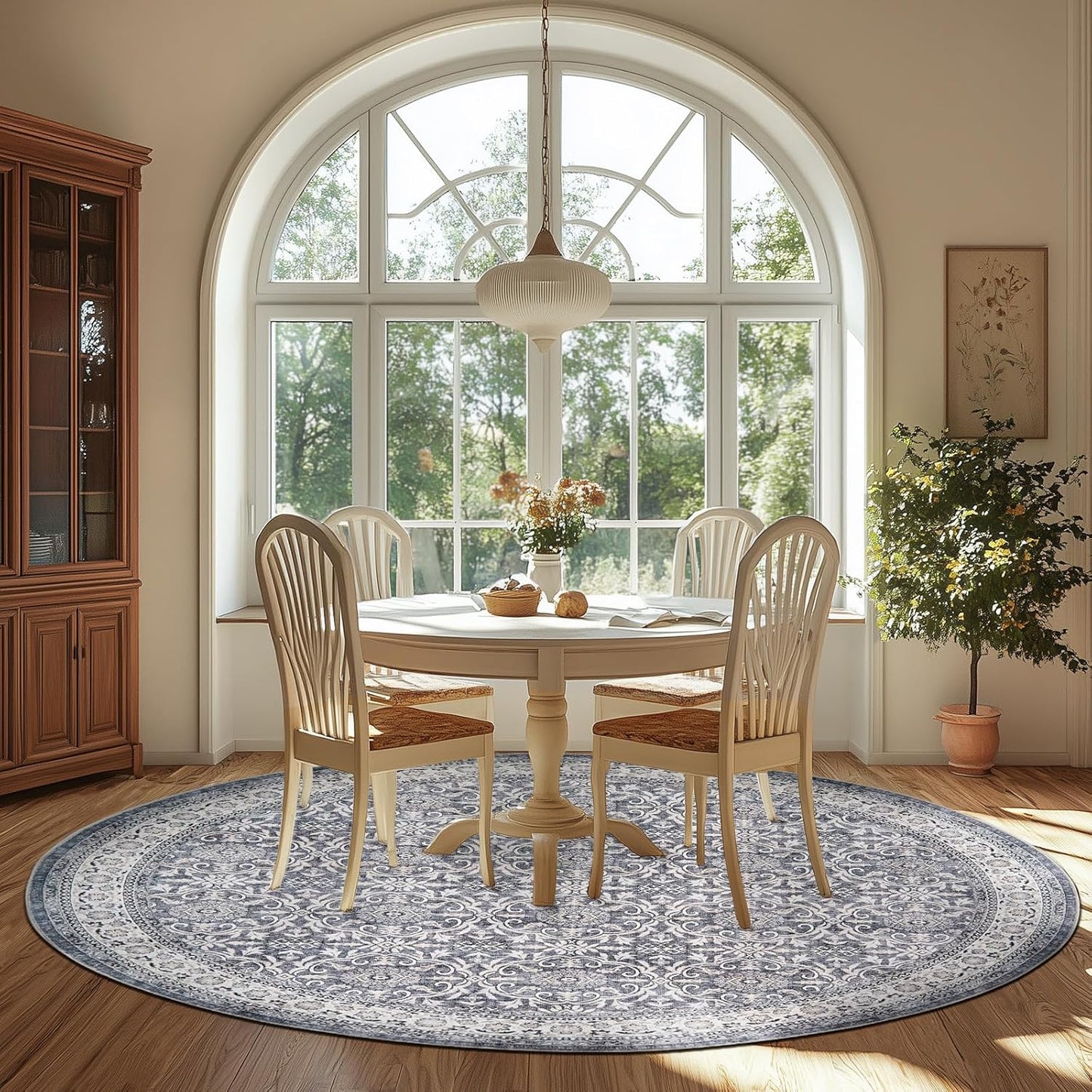 jinchan Round Rug 7ft Washable Circle Soft Rug - Low Pile Vintage 7'Round Indoor Grey Floral Print Stain Resistant Boho Carpet Ultra-Thin Non-Slip for Living Room Bedroom Dining Room Kitchen