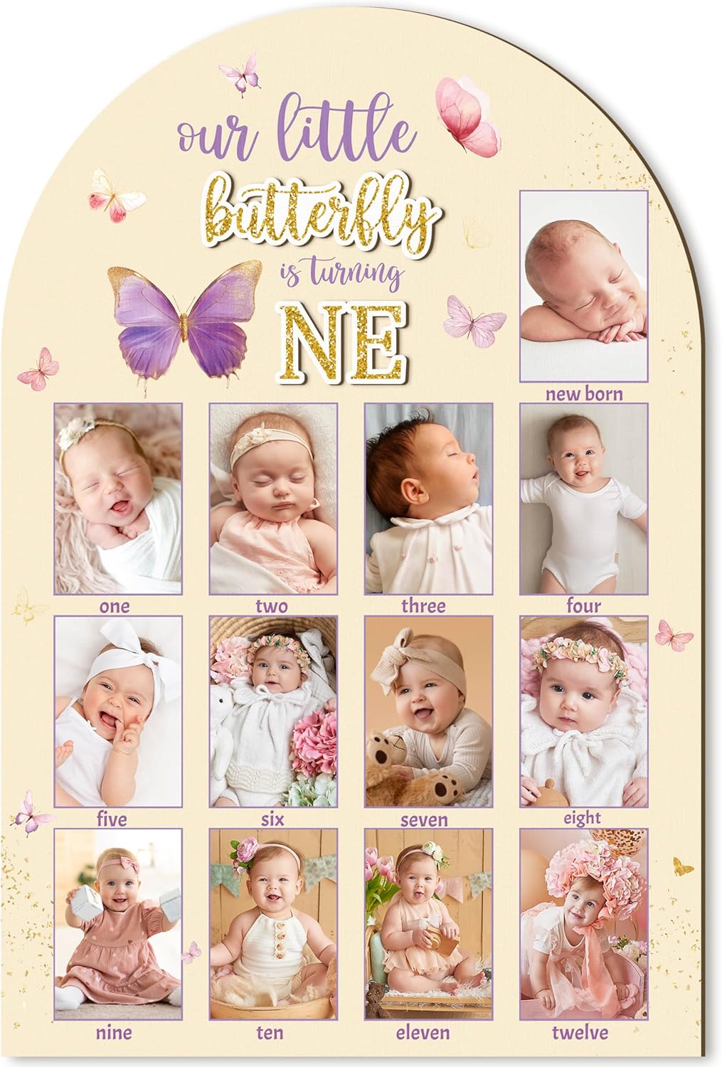 R HORSE My First Year Photo Display Wood Board - 3D Pink Purple Butterfly Baby's First Year Picture Frame, 12 Months Milestone Board Neutral Baby Keepsake Gift 1st Birthday Nursery Decor for Girl