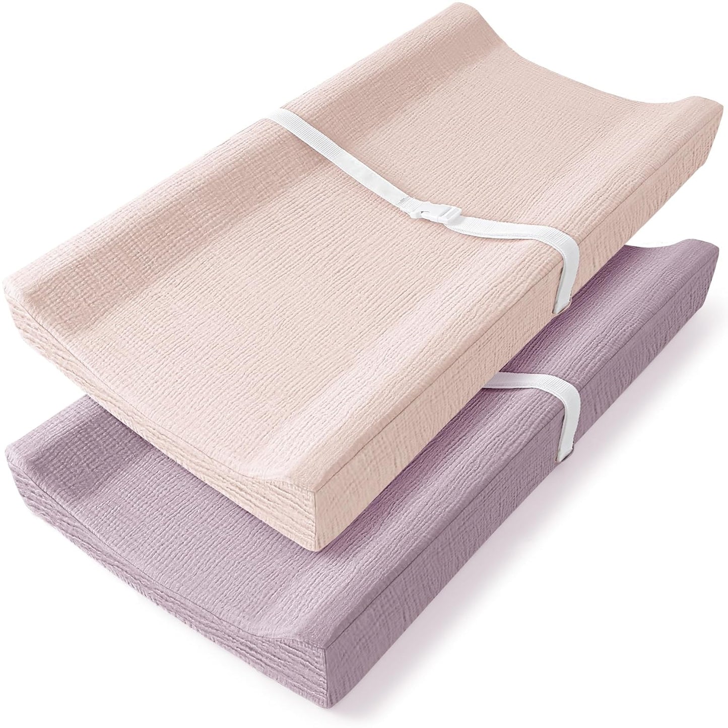 Bearmoss Changing Pad Cover, 2 Pack Muslin [100% Cotton] Diaper Changing Table Covers, 32'' x 16'' Soft Breathable Changing Pad Sheets for Unisex Baby Girls and Boys with Strap Holes (Candy Floss)