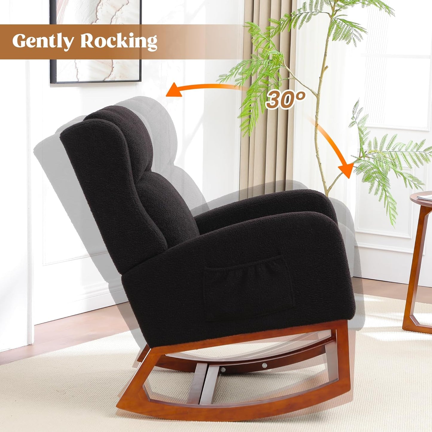 Rocking Chair Nursery, Nursing Rocking Chairs for Mom Nursery, Comfy Wingback Glider Rocking Armchair with Foot Rest and Side Pocket for Nursery Living Room Bedroom, Walnut Black